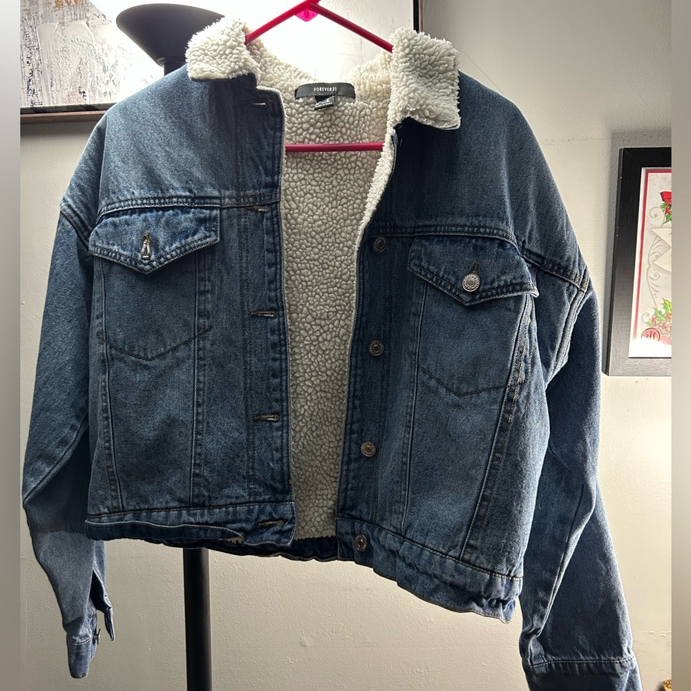 Forever 21 Dark Blue Jean Jacket with White Sherpa